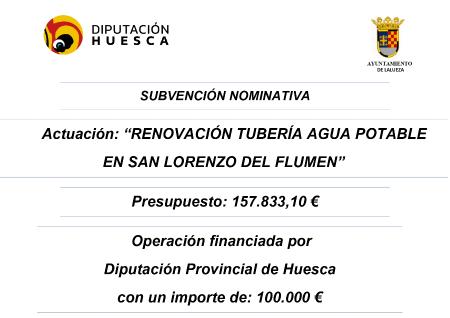 Imagen Subvención de Diputación Provincial de Huesca "RENOVACIÓN TUBERÍA DE...